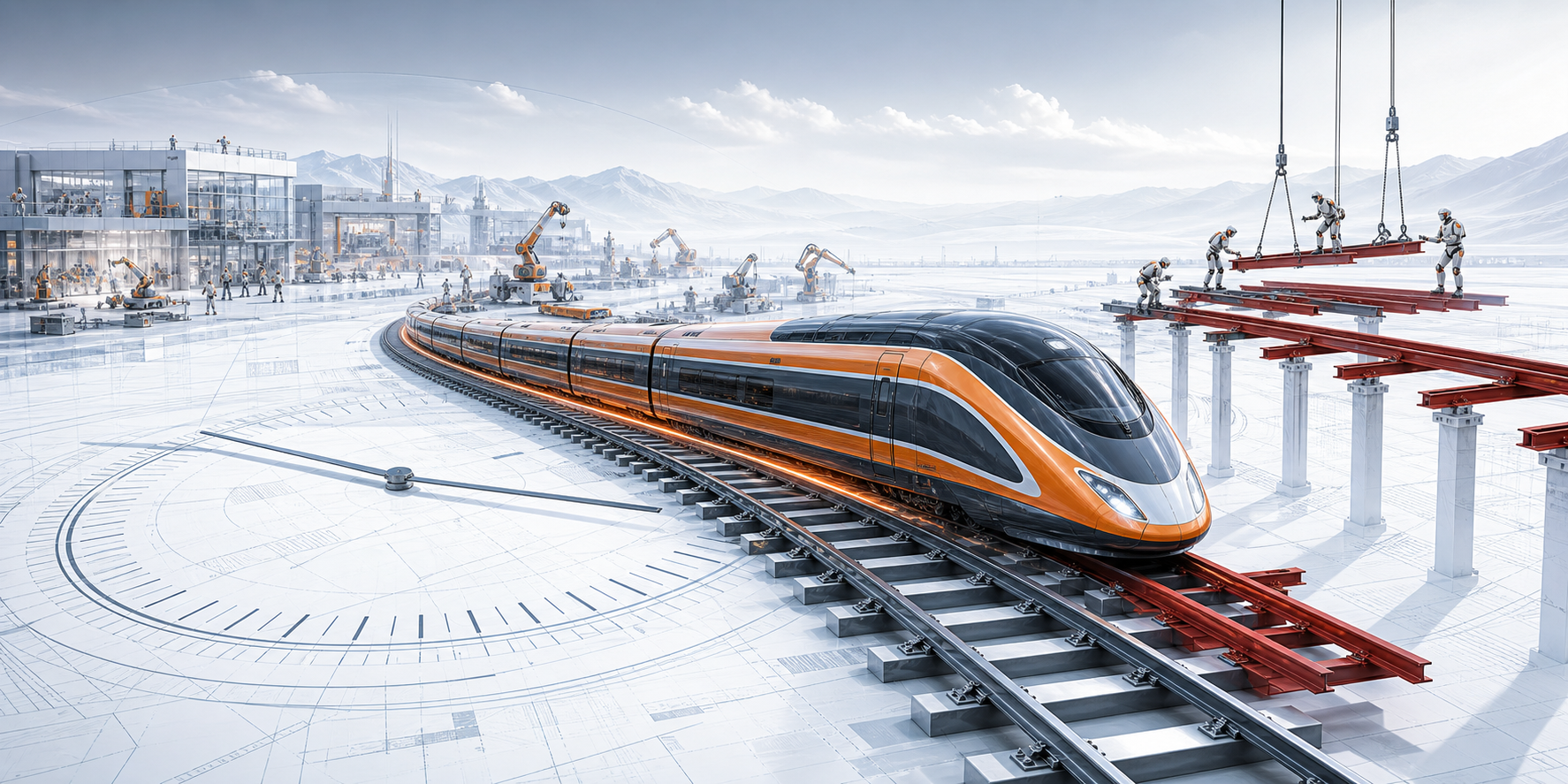 A high-speed orange train rushing toward unfinished red rails while robotic laboratories and construction crews extend the track.